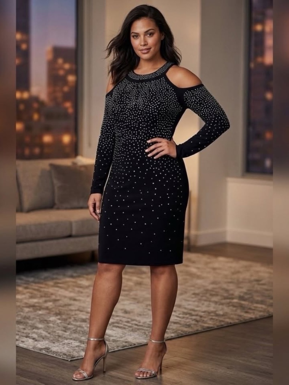 INC  dress black silver studded long sleeve - peep shoulder - cocktail - evening